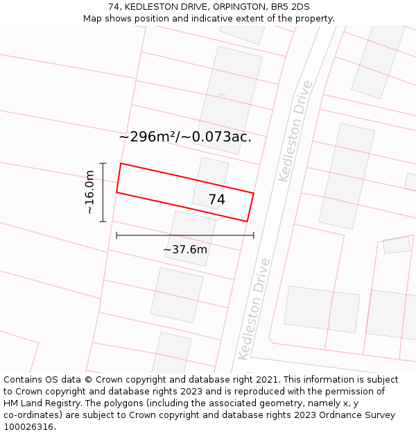 74, KEDLESTON DRIVE, ORPINGTON, BR5 2DS: Plot and title map