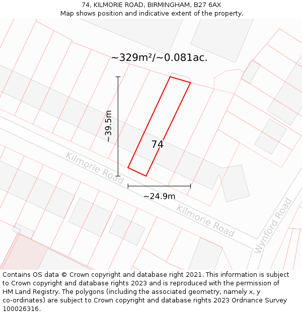 74, KILMORIE ROAD, BIRMINGHAM, B27 6AX: Plot and title map