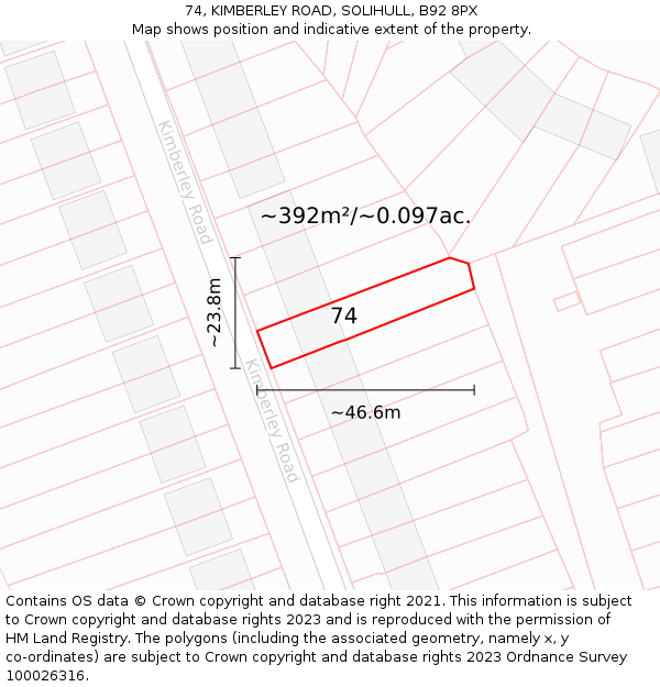 74, KIMBERLEY ROAD, SOLIHULL, B92 8PX: Plot and title map