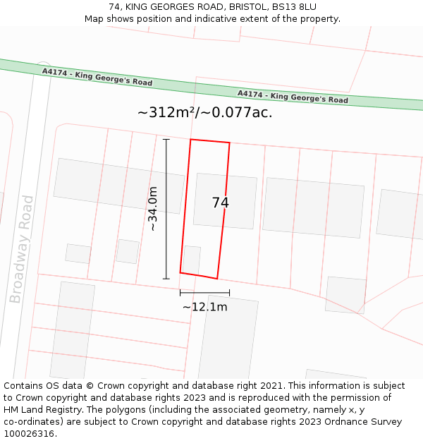 74, KING GEORGES ROAD, BRISTOL, BS13 8LU: Plot and title map