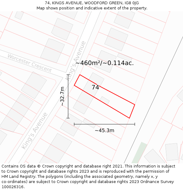 74, KINGS AVENUE, WOODFORD GREEN, IG8 0JG: Plot and title map