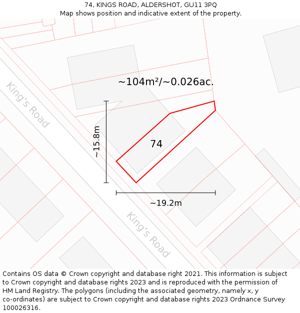 74, KINGS ROAD, ALDERSHOT, GU11 3PQ: Plot and title map