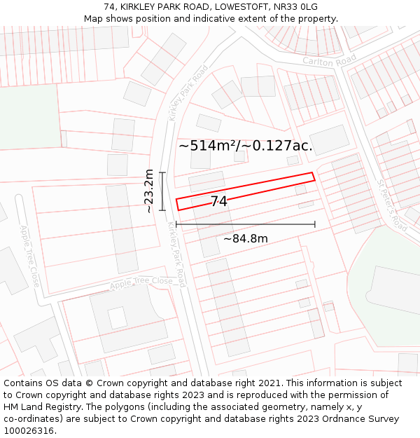74, KIRKLEY PARK ROAD, LOWESTOFT, NR33 0LG: Plot and title map