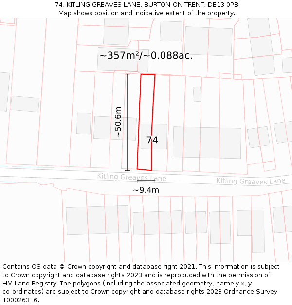 74, KITLING GREAVES LANE, BURTON-ON-TRENT, DE13 0PB: Plot and title map