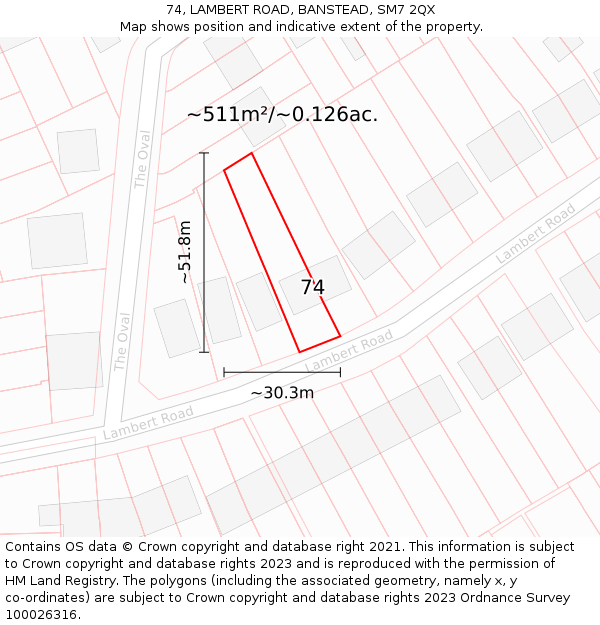 74, LAMBERT ROAD, BANSTEAD, SM7 2QX: Plot and title map