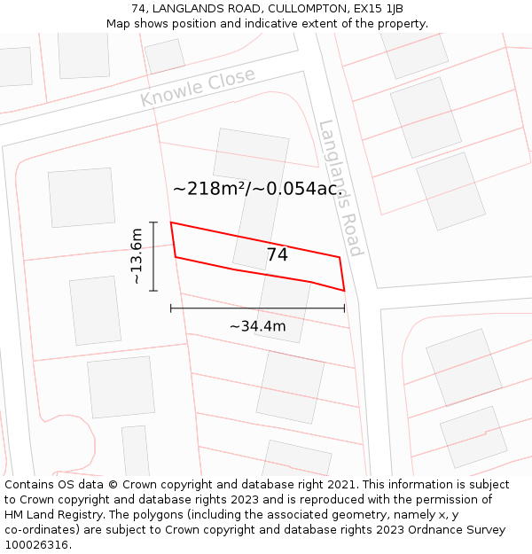 74, LANGLANDS ROAD, CULLOMPTON, EX15 1JB: Plot and title map