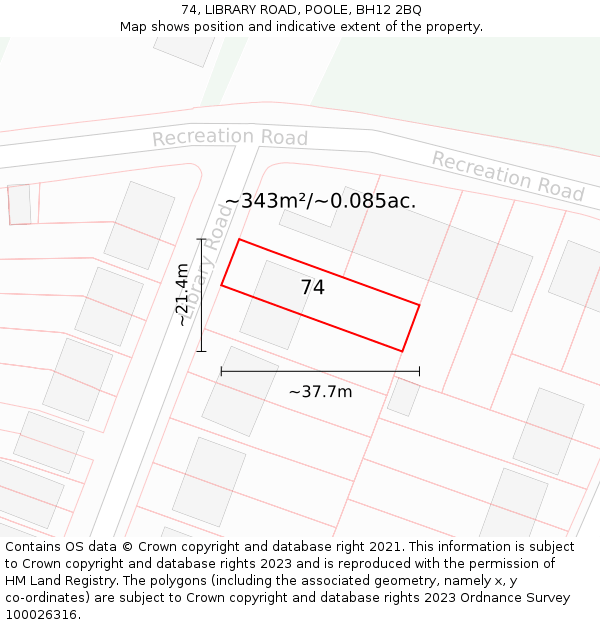 74, LIBRARY ROAD, POOLE, BH12 2BQ: Plot and title map