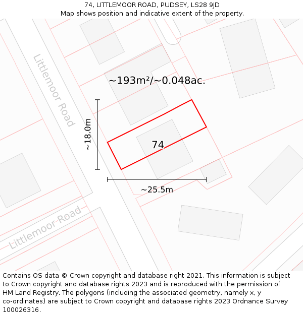 74, LITTLEMOOR ROAD, PUDSEY, LS28 9JD: Plot and title map