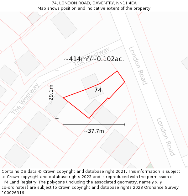74, LONDON ROAD, DAVENTRY, NN11 4EA: Plot and title map