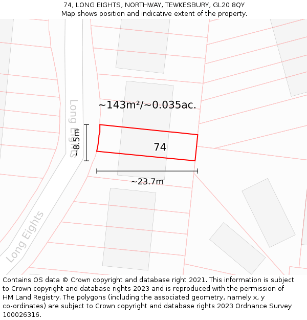 74, LONG EIGHTS, NORTHWAY, TEWKESBURY, GL20 8QY: Plot and title map