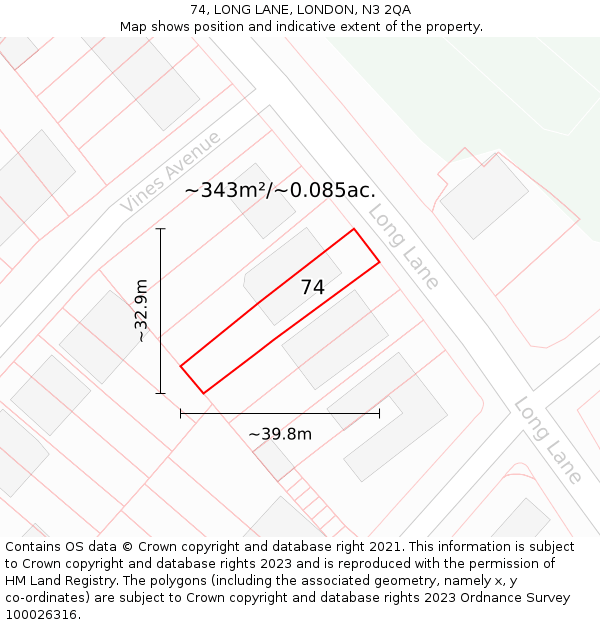 74, LONG LANE, LONDON, N3 2QA: Plot and title map