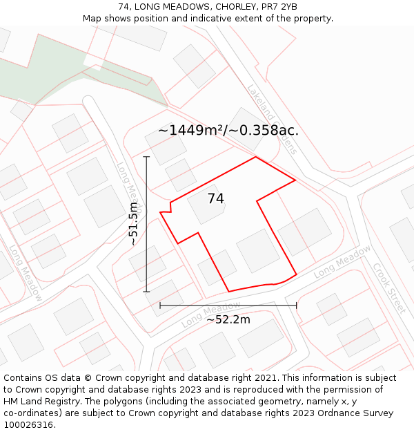 74, LONG MEADOWS, CHORLEY, PR7 2YB: Plot and title map