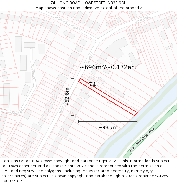 74, LONG ROAD, LOWESTOFT, NR33 9DH: Plot and title map