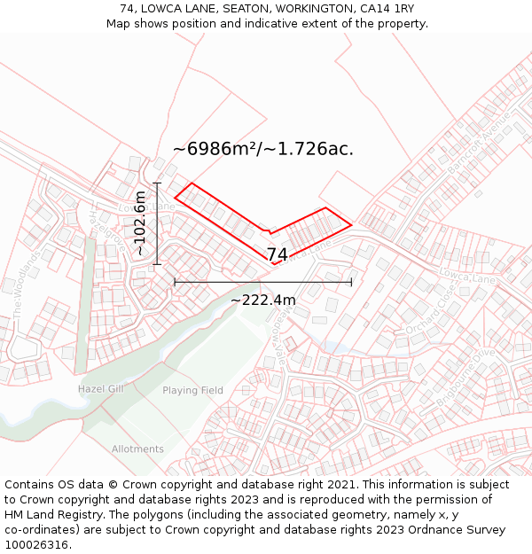 74, LOWCA LANE, SEATON, WORKINGTON, CA14 1RY: Plot and title map