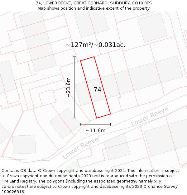 74, LOWER REEVE, GREAT CORNARD, SUDBURY, CO10 0FS: Plot and title map