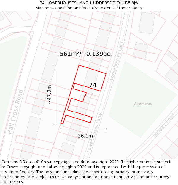 74, LOWERHOUSES LANE, HUDDERSFIELD, HD5 8JW: Plot and title map