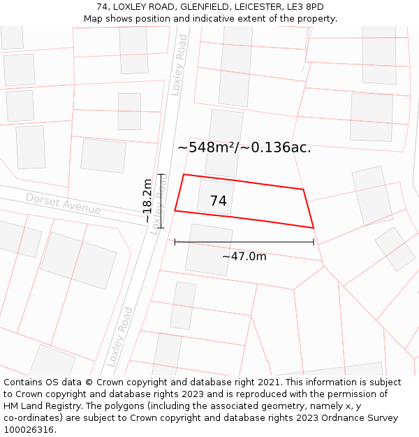 74, LOXLEY ROAD, GLENFIELD, LEICESTER, LE3 8PD: Plot and title map