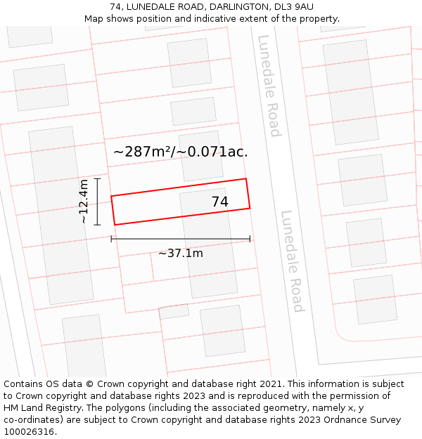 74, LUNEDALE ROAD, DARLINGTON, DL3 9AU: Plot and title map