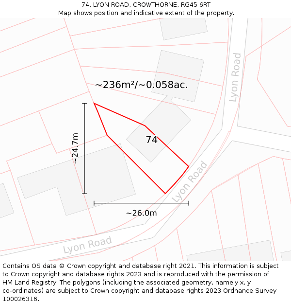 74, LYON ROAD, CROWTHORNE, RG45 6RT: Plot and title map
