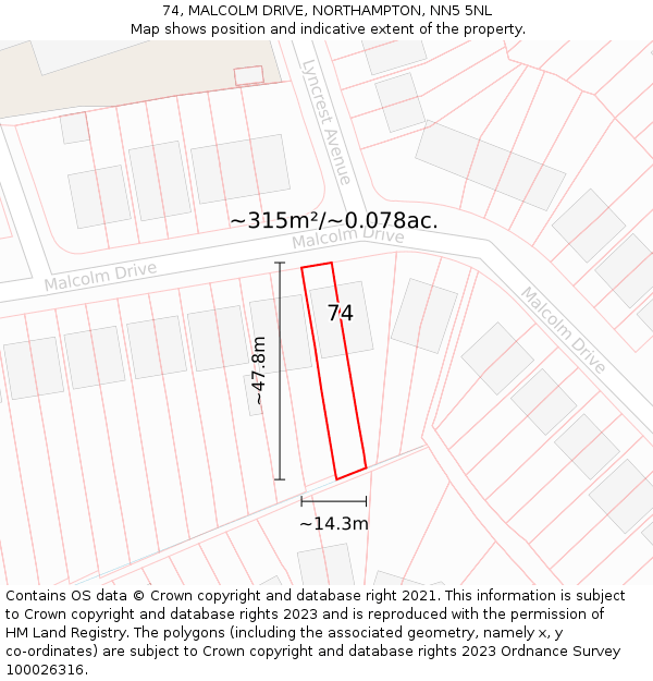 74, MALCOLM DRIVE, NORTHAMPTON, NN5 5NL: Plot and title map