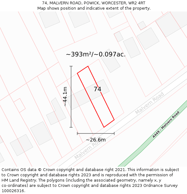 74, MALVERN ROAD, POWICK, WORCESTER, WR2 4RT: Plot and title map