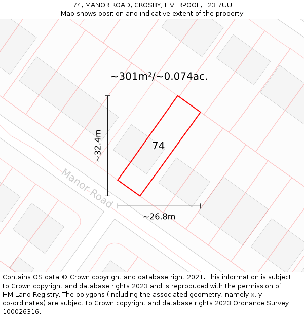 74, MANOR ROAD, CROSBY, LIVERPOOL, L23 7UU: Plot and title map