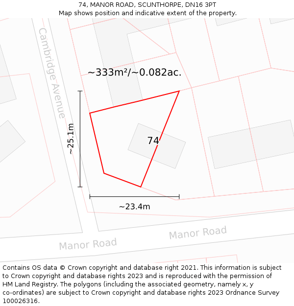 74, MANOR ROAD, SCUNTHORPE, DN16 3PT: Plot and title map