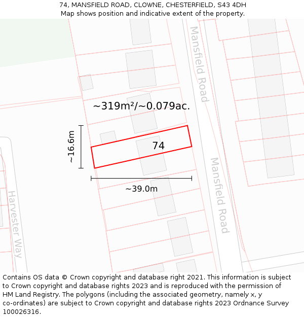 74, MANSFIELD ROAD, CLOWNE, CHESTERFIELD, S43 4DH: Plot and title map