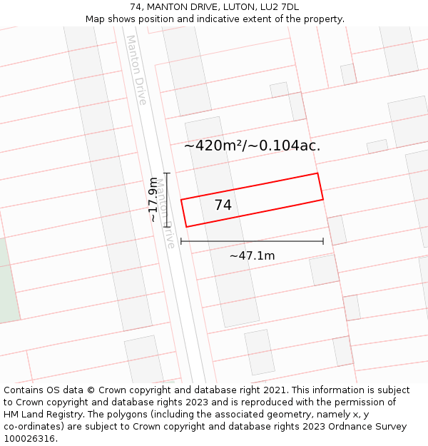 74, MANTON DRIVE, LUTON, LU2 7DL: Plot and title map