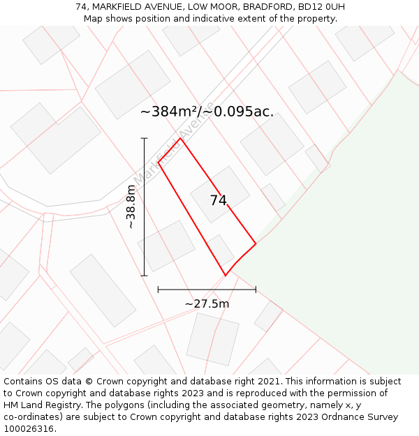 74, MARKFIELD AVENUE, LOW MOOR, BRADFORD, BD12 0UH: Plot and title map