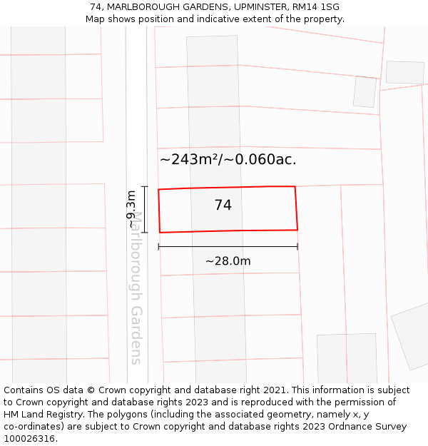 74, MARLBOROUGH GARDENS, UPMINSTER, RM14 1SG: Plot and title map