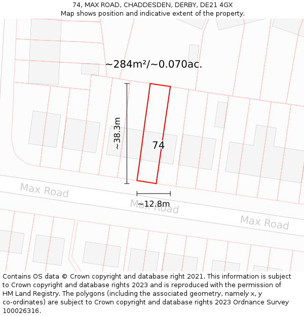 74, MAX ROAD, CHADDESDEN, DERBY, DE21 4GX: Plot and title map