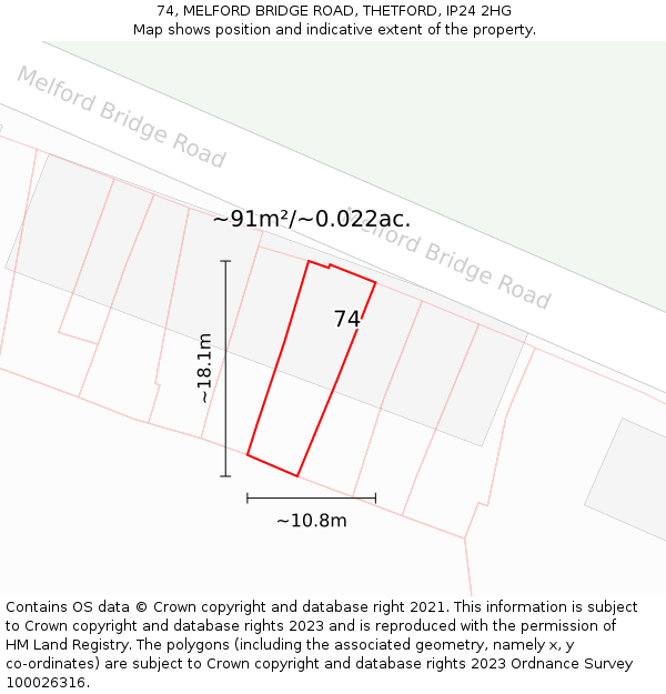 74, MELFORD BRIDGE ROAD, THETFORD, IP24 2HG: Plot and title map