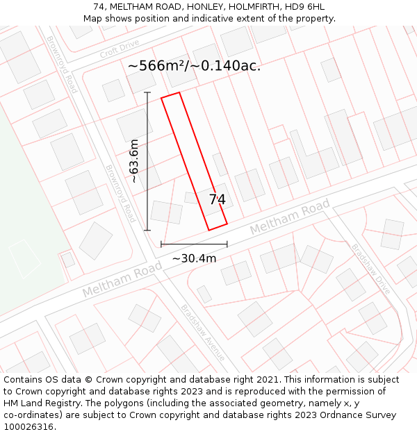 74, MELTHAM ROAD, HONLEY, HOLMFIRTH, HD9 6HL: Plot and title map