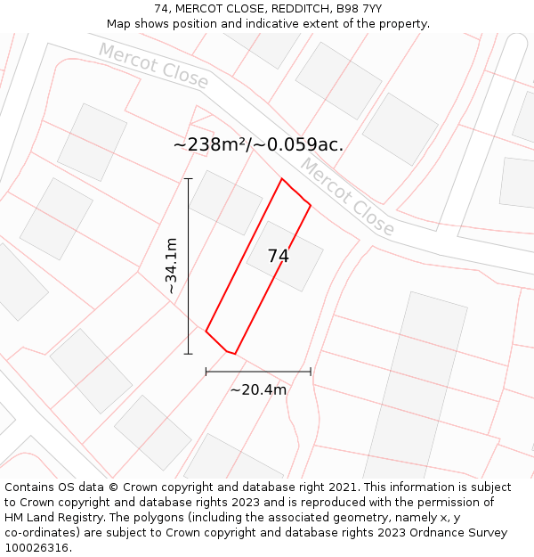 74, MERCOT CLOSE, REDDITCH, B98 7YY: Plot and title map