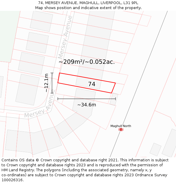 74, MERSEY AVENUE, MAGHULL, LIVERPOOL, L31 9PL: Plot and title map