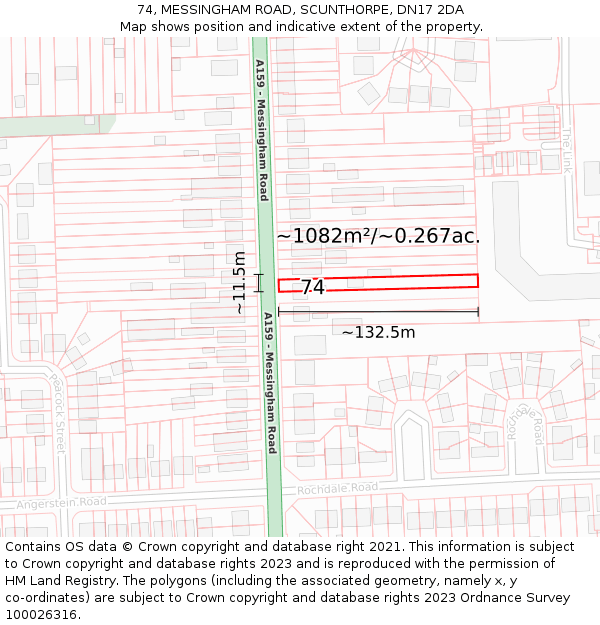 74, MESSINGHAM ROAD, SCUNTHORPE, DN17 2DA: Plot and title map