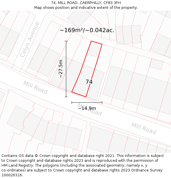 74, MILL ROAD, CAERPHILLY, CF83 3FH: Plot and title map