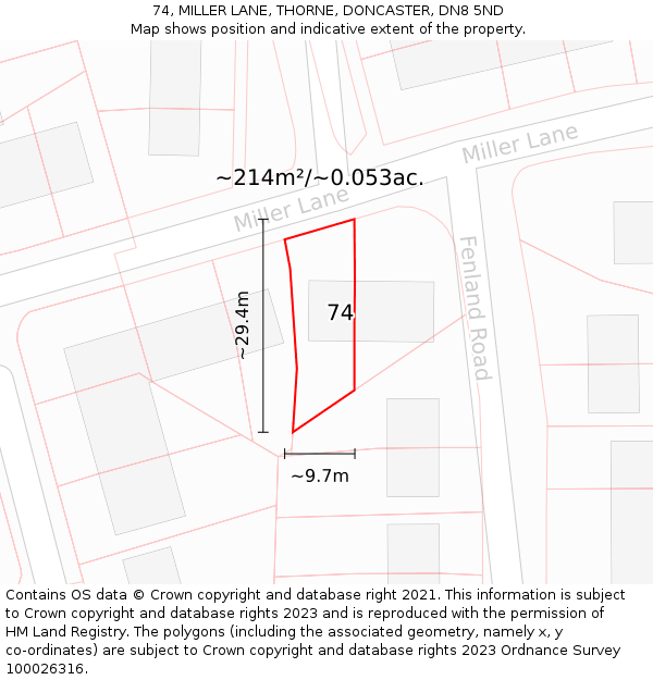 74, MILLER LANE, THORNE, DONCASTER, DN8 5ND: Plot and title map