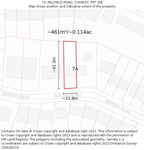 74, MILLFIELD ROAD, CHORLEY, PR7 1RE: Plot and title map