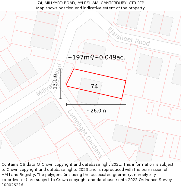 74, MILLYARD ROAD, AYLESHAM, CANTERBURY, CT3 3FP: Plot and title map