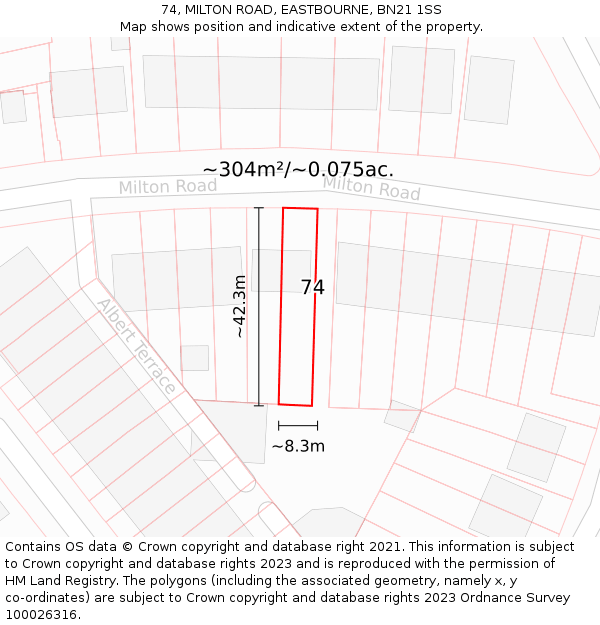 74, MILTON ROAD, EASTBOURNE, BN21 1SS: Plot and title map