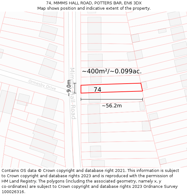 74, MIMMS HALL ROAD, POTTERS BAR, EN6 3DX: Plot and title map
