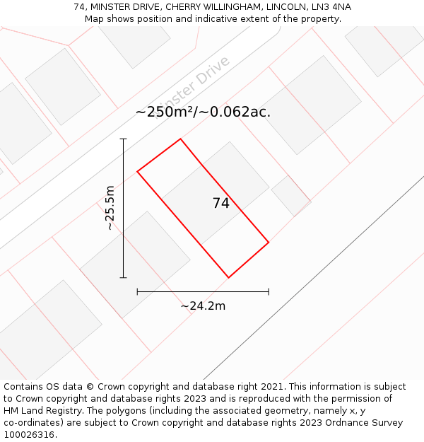 74, MINSTER DRIVE, CHERRY WILLINGHAM, LINCOLN, LN3 4NA: Plot and title map