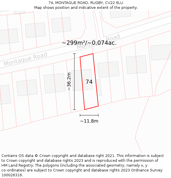 74, MONTAGUE ROAD, RUGBY, CV22 6LU: Plot and title map