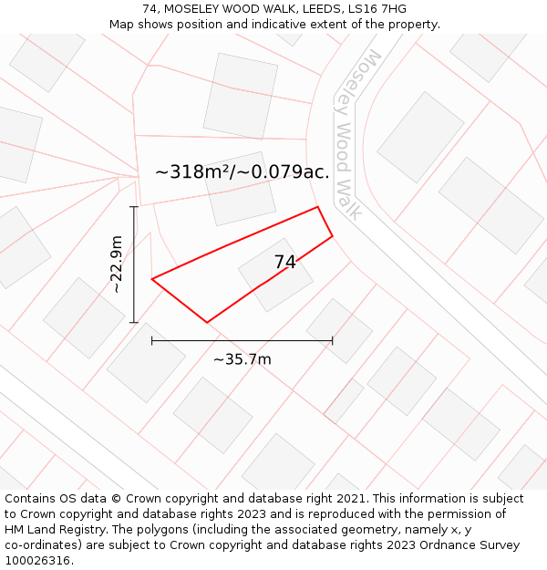 74, MOSELEY WOOD WALK, LEEDS, LS16 7HG: Plot and title map