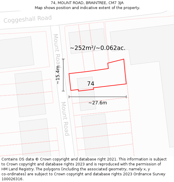 74, MOUNT ROAD, BRAINTREE, CM7 3JA: Plot and title map