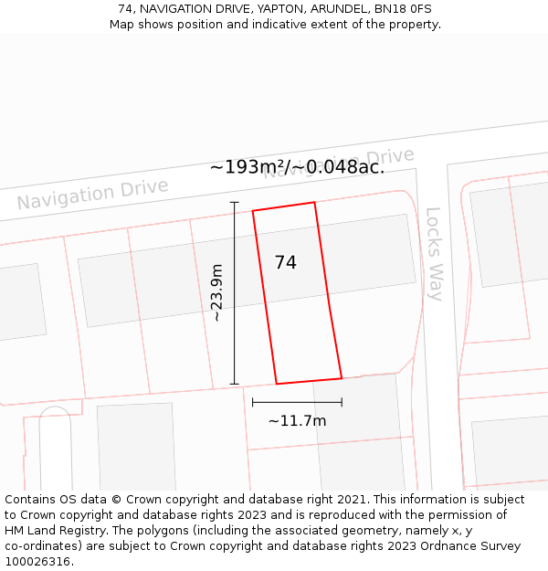 74, NAVIGATION DRIVE, YAPTON, ARUNDEL, BN18 0FS: Plot and title map