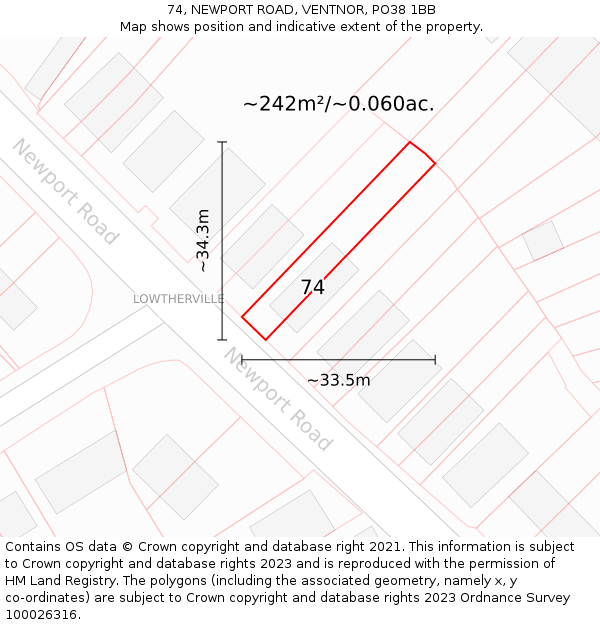 74, NEWPORT ROAD, VENTNOR, PO38 1BB: Plot and title map