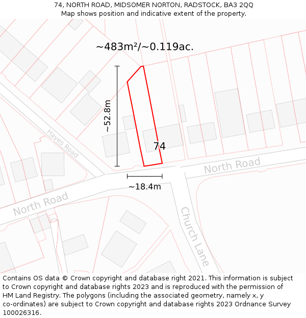 74, NORTH ROAD, MIDSOMER NORTON, RADSTOCK, BA3 2QQ: Plot and title map